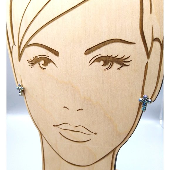 Vintage Dainty Crystal Cross Earrings with Blue AB Sparkle, Classic Tiny Screw - Picture 5 of 7